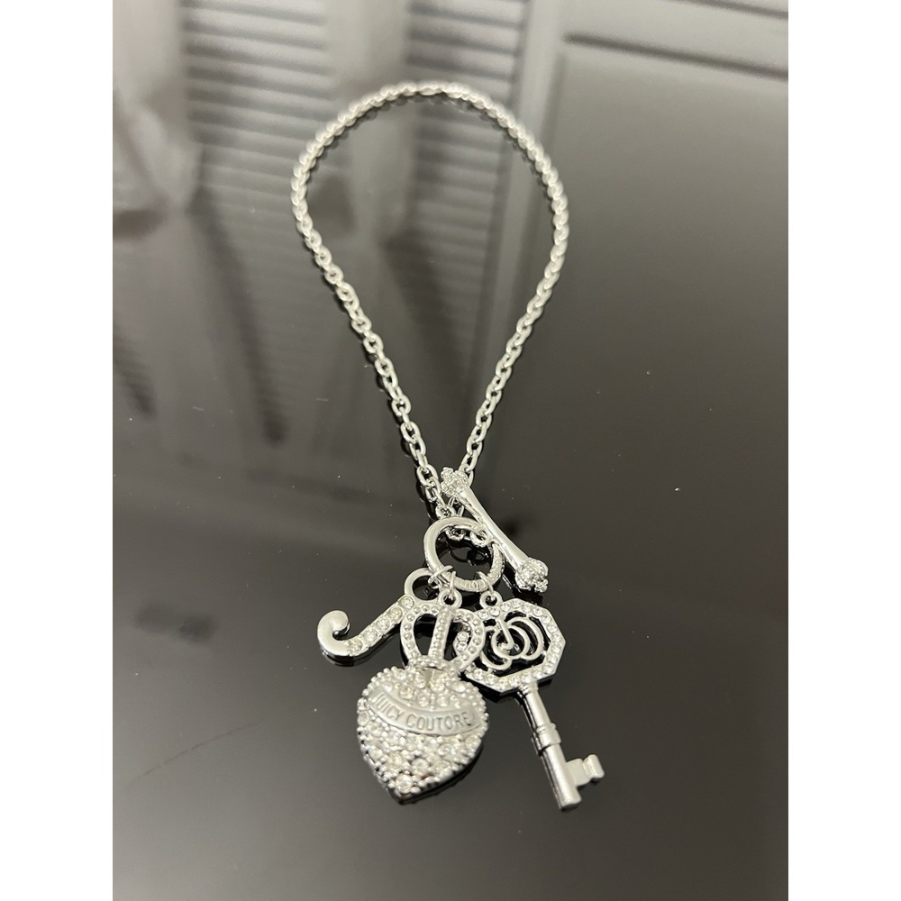 Beautiful Silver Tone Multi Charm Necklace Pave Rhinestone Heart Crown